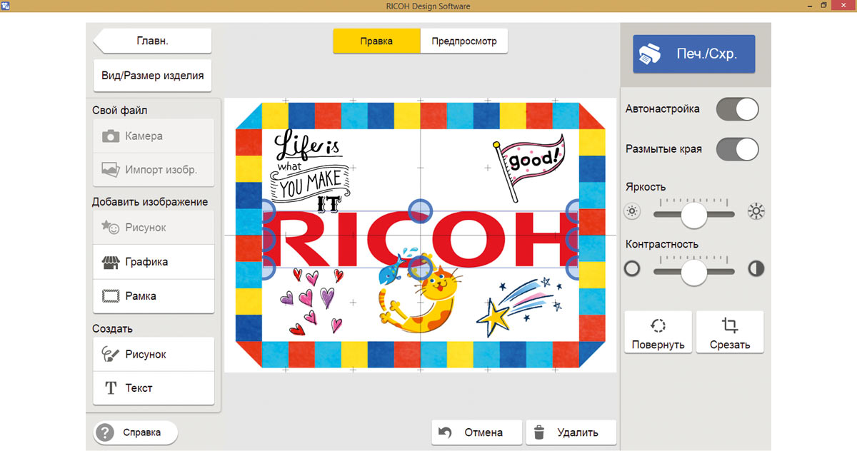 Окно редактирования изображения программы Ricoh Design Software