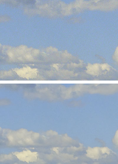 Рис. 16. Фрагмент снимка до (сверху) и после применения функции подавления цифровых шумов