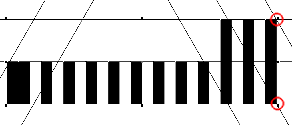 Рис. 22. Перемещение группы прямоугольников (красным обведены точки пересечения вспомогательных линий, с которыми необходимо совместить углы с правой стороны крайнего правого прямоугольника)